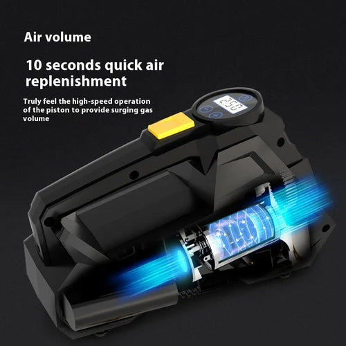 Black portable car tyre inflator with digital display and 12V power cable