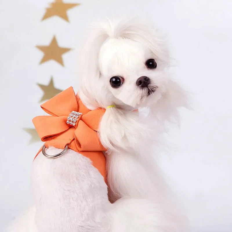 Cute bowknot puppy chest strap harness in microfiber with pink, blue, and orange colour options