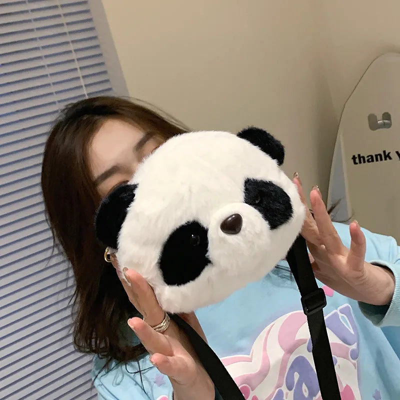 Cute plush crossbody bag with Panda Head design, cylindrical shape measuring 18cm