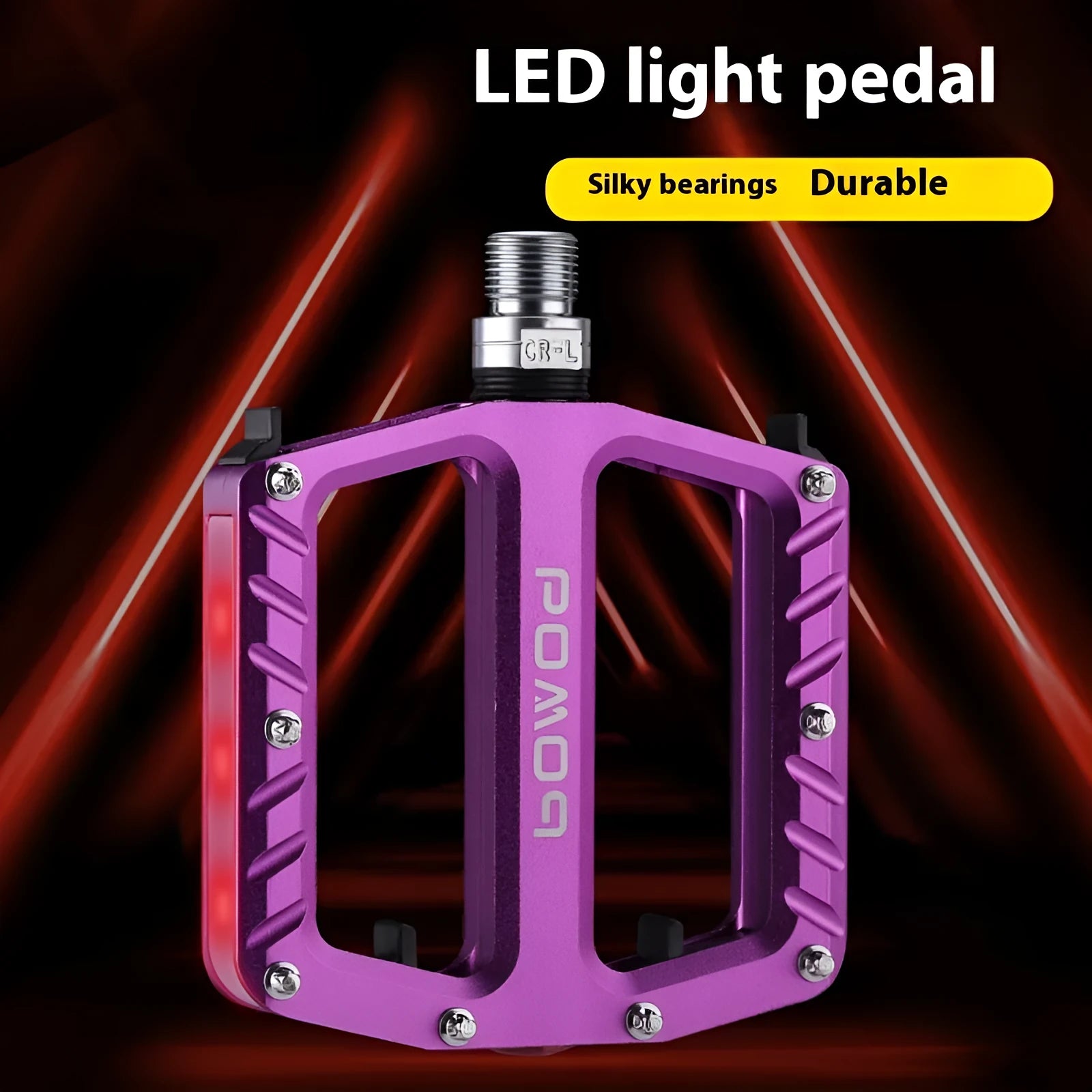 Pair of aluminium alloy bicycle pedals with integrated LED lights in multiple colour options.