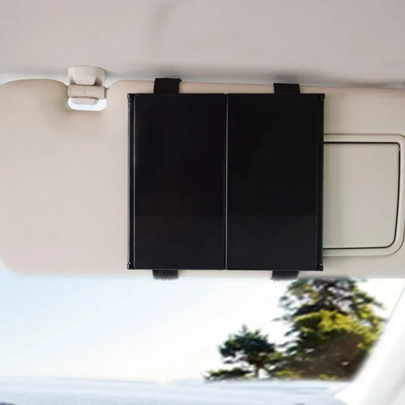 Silver folding car visor mirror shown opened to 30.5cm wide with ABS plastic frame