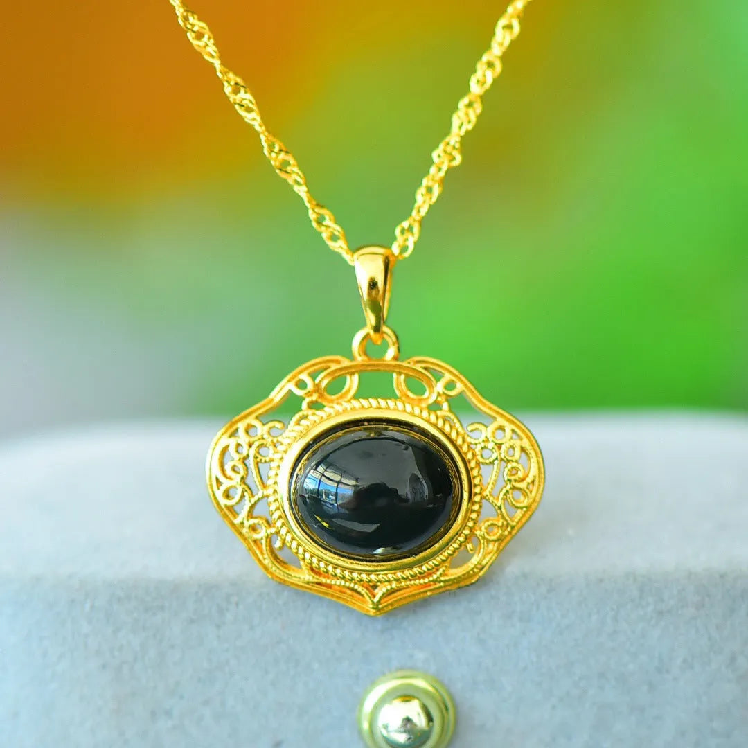 Copper inlaid natural Hetian grey jade pendant with ink blue accents on necklace