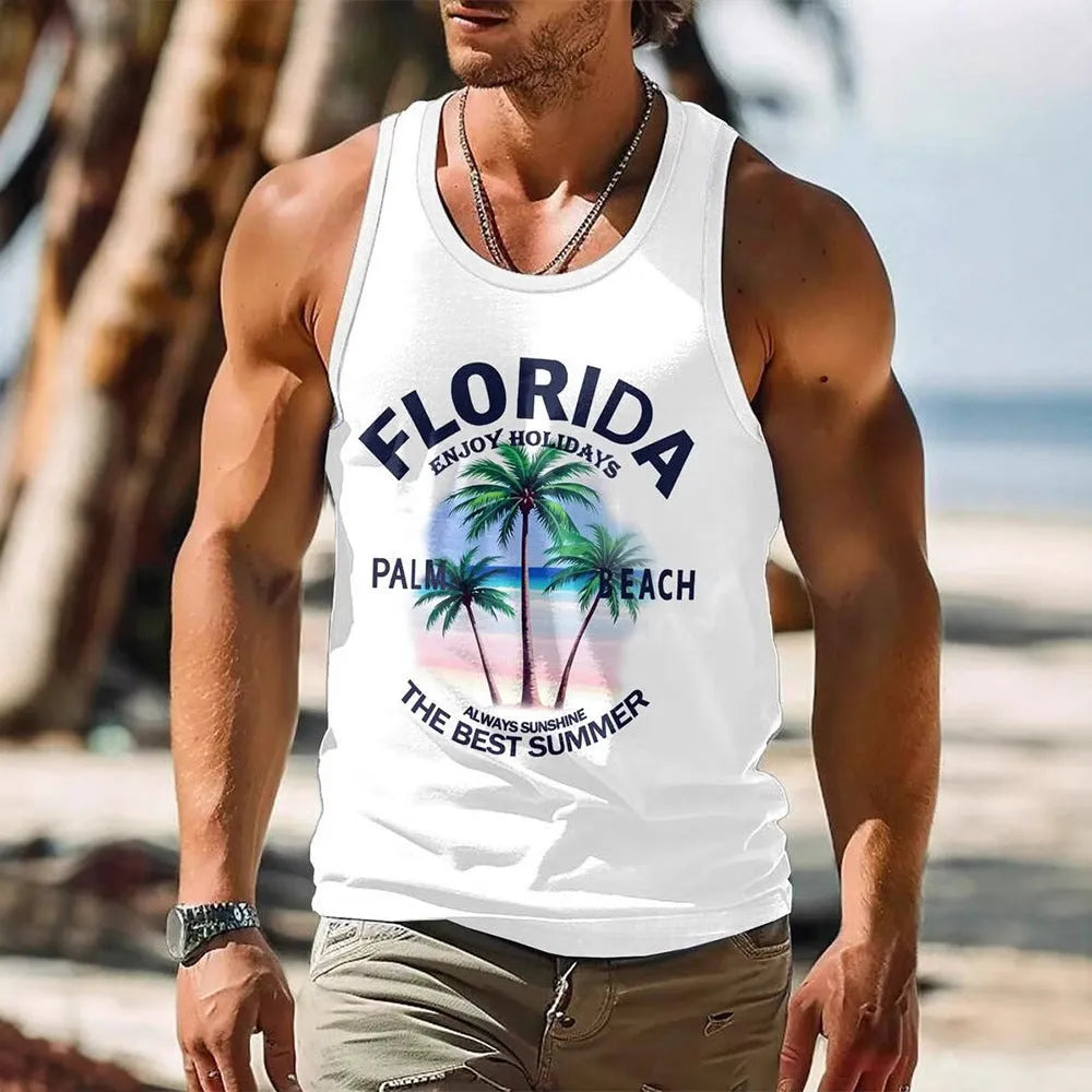 Men's 3D printed Hawaiian style sleeveless vest in solid colour polyester fabric