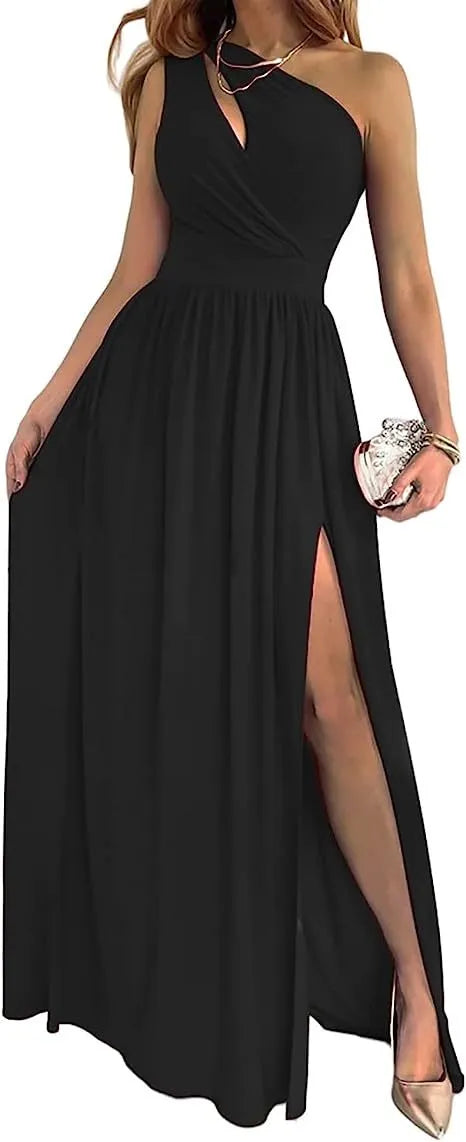 Women's one shoulder sleeveless maxi dress with high split cutout design in apricot colour