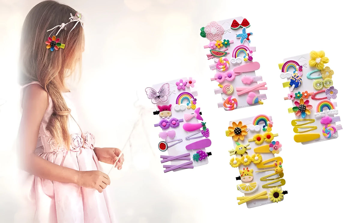 14 colourful toddler hair clips with candy rainbow, fruit, and butterfly designs including silicone barrettes and ribbon-wrapped pins