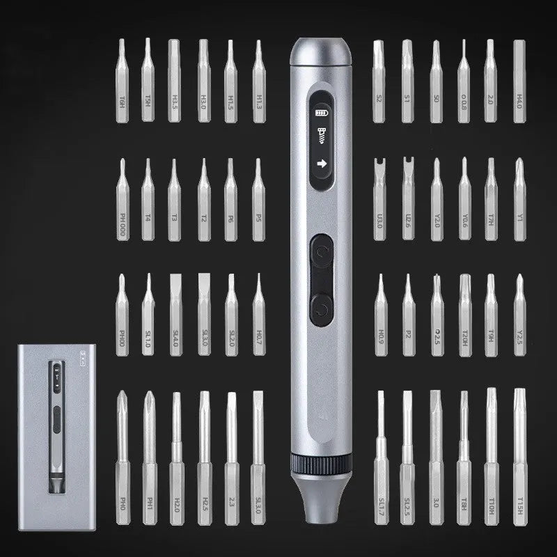 Precision electric screwdriver with aluminium alloy handle showing scale against a ruler.