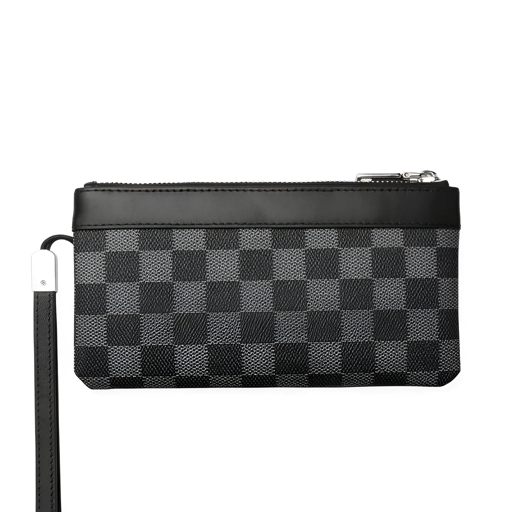 Men's black leather plaid clutch wallet made from genuine cowhide leather