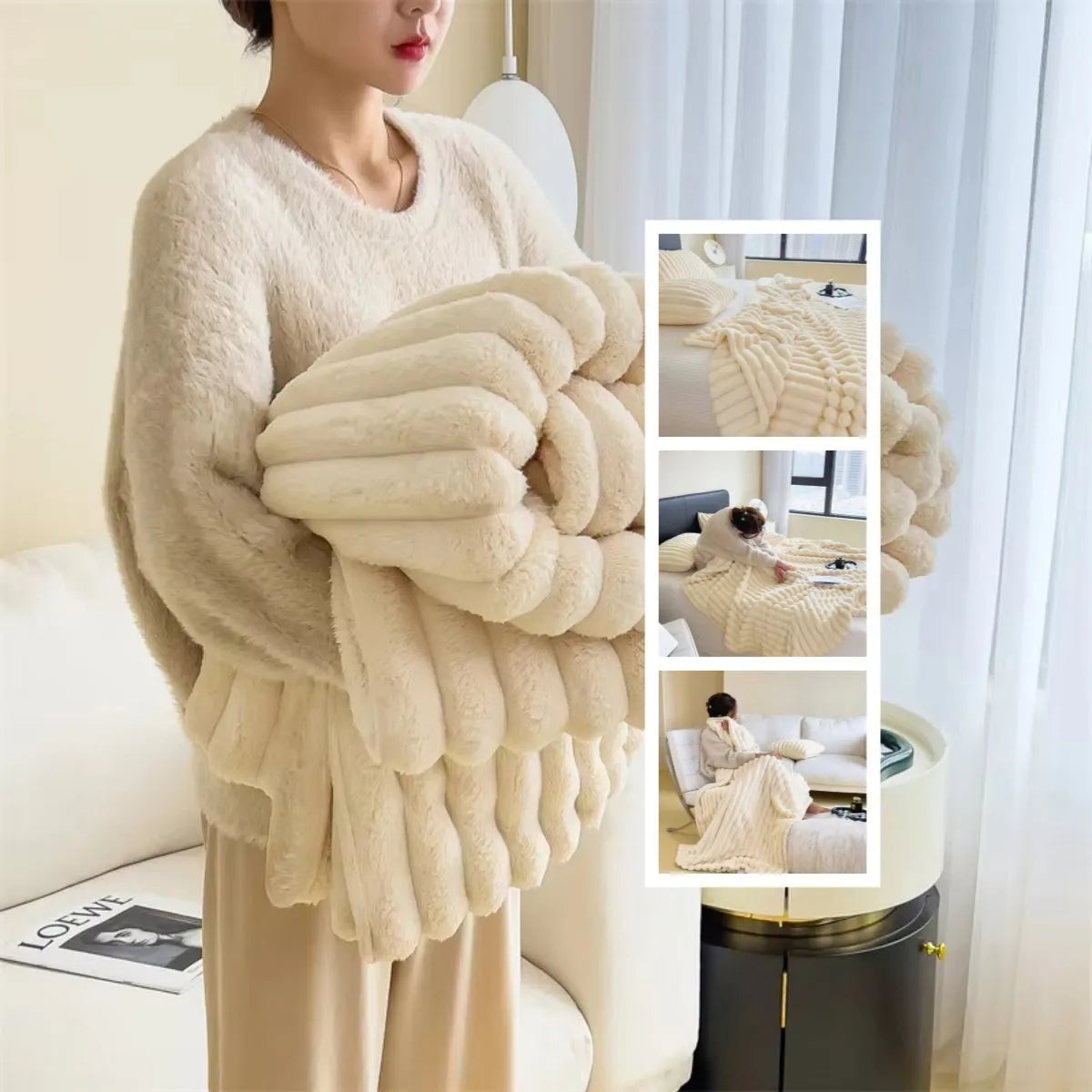 Solid colour double-sided thickening faux rabbit fur blanket in blue on a sofa