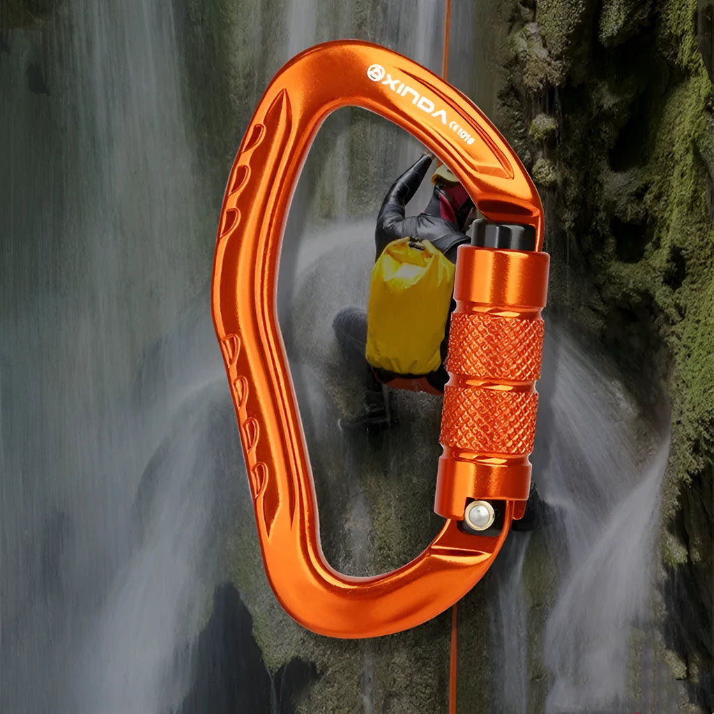 Automatic locking climbing carabiner in silver finish with hook gate