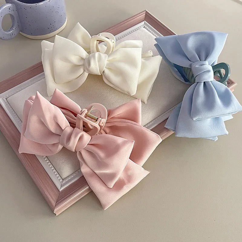 Plain colour XL bow ribbon hair claw grab clip cloth material black bow design