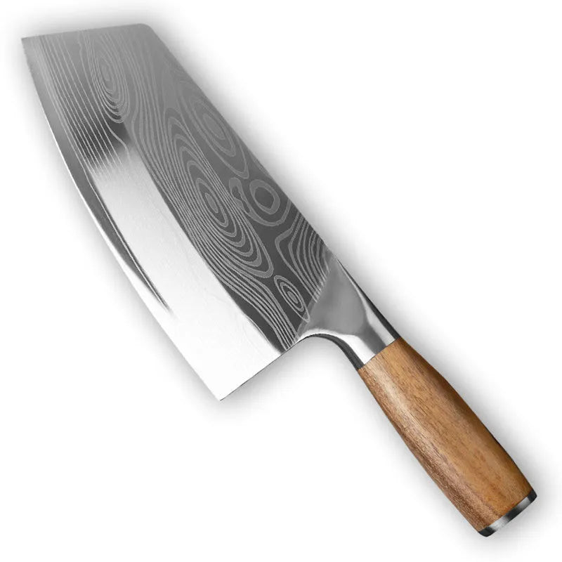 A long 320mm stainless steel kitchen knife with a forged 40Cr13 blade on a kitchen counter.