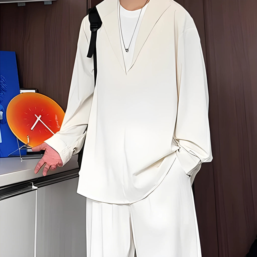 Men's apricot colour long sleeve polo shirt and trousers casual suit set on a hanger