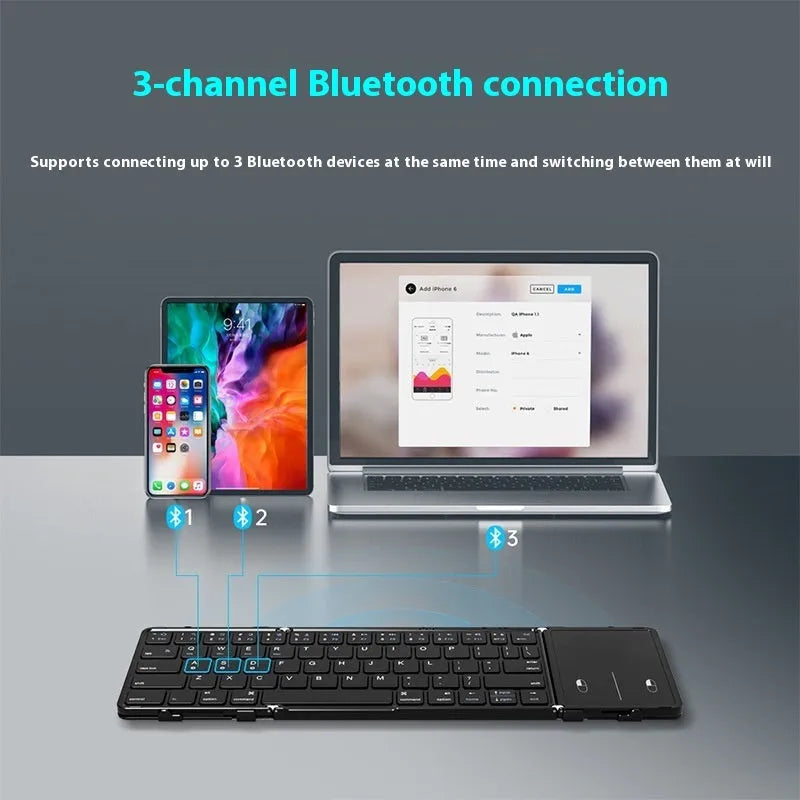 Black folding Bluetooth keyboard for tablets with silent membrane keys showing touchpad variant