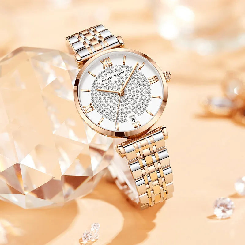Starry women's quartz watch with 33mm dial, alloy strap, mineral glass mirror, and butterfly buckle on white background