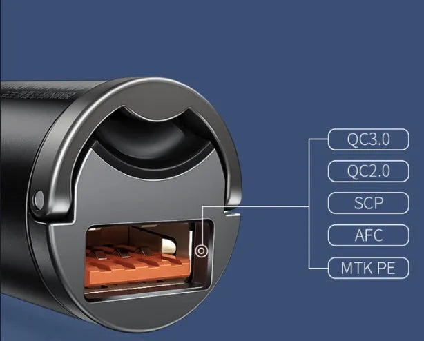 Baseus electro-optical grey single-port 30W USB car charger with 1 metre attached cable.