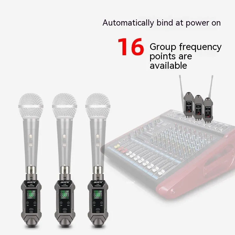 Wireless microphone converter set with transmitter, receiver, and converter head for moving coil and condenser mics, 15x15x5cm