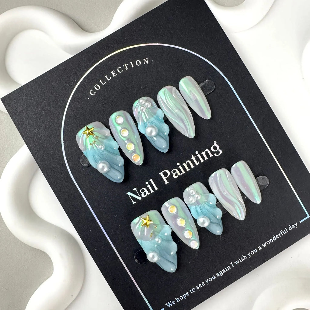 HAILANG blue plastic Shell Nail Stickers showing nail tips with shell design