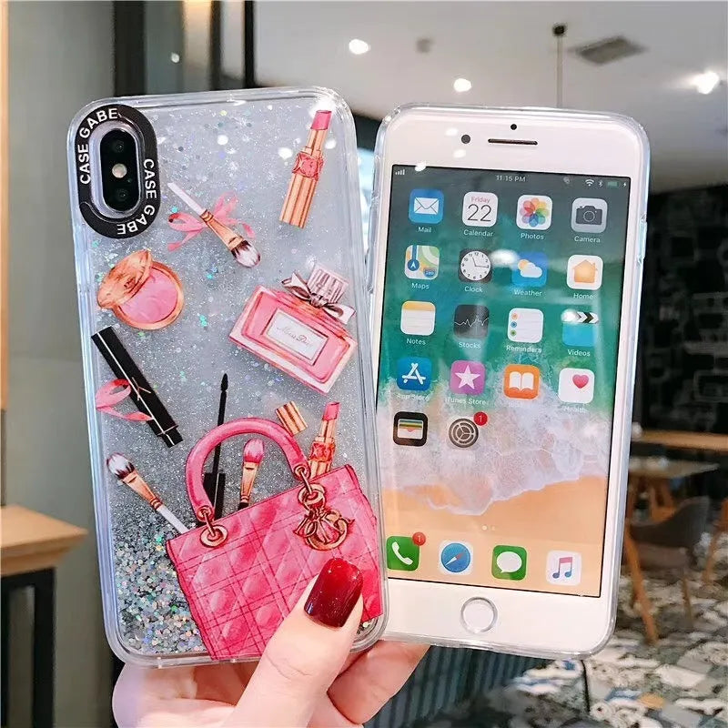 Pink compatible iPhone liquid quicksand cosmetic makeup case with TPU and silicone