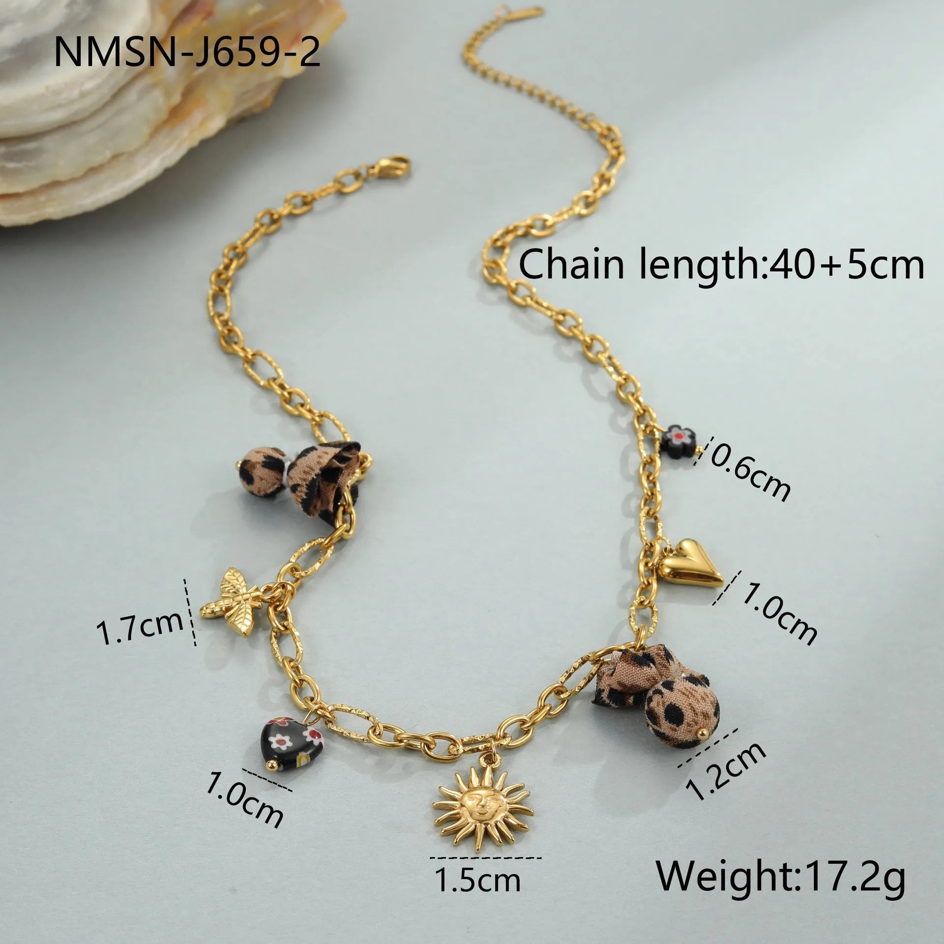 Women's stainless steel necklace with geometric leopard pendant featuring love heart and floral details on adjustable chain