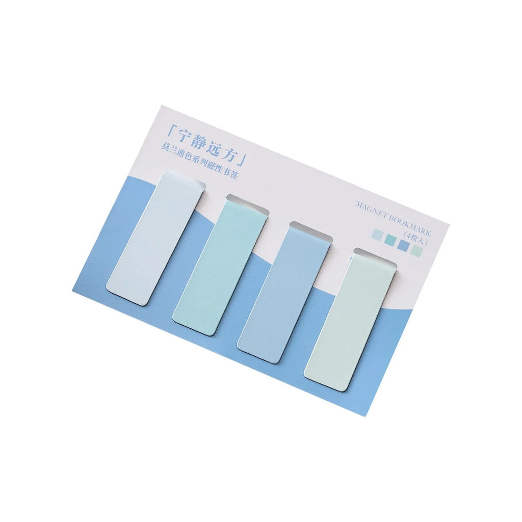 Set of four Morandi colour block magnetic bookmarks showing different muted tone designs.