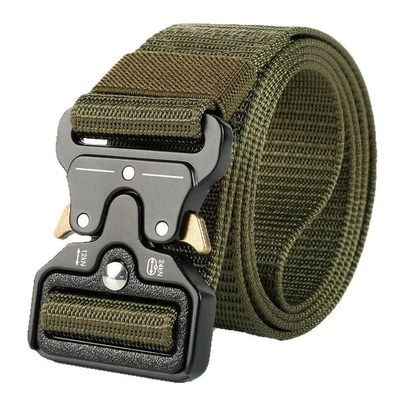 Men's thick canvas tactical belt with alloy release buckle shown in khaki colour