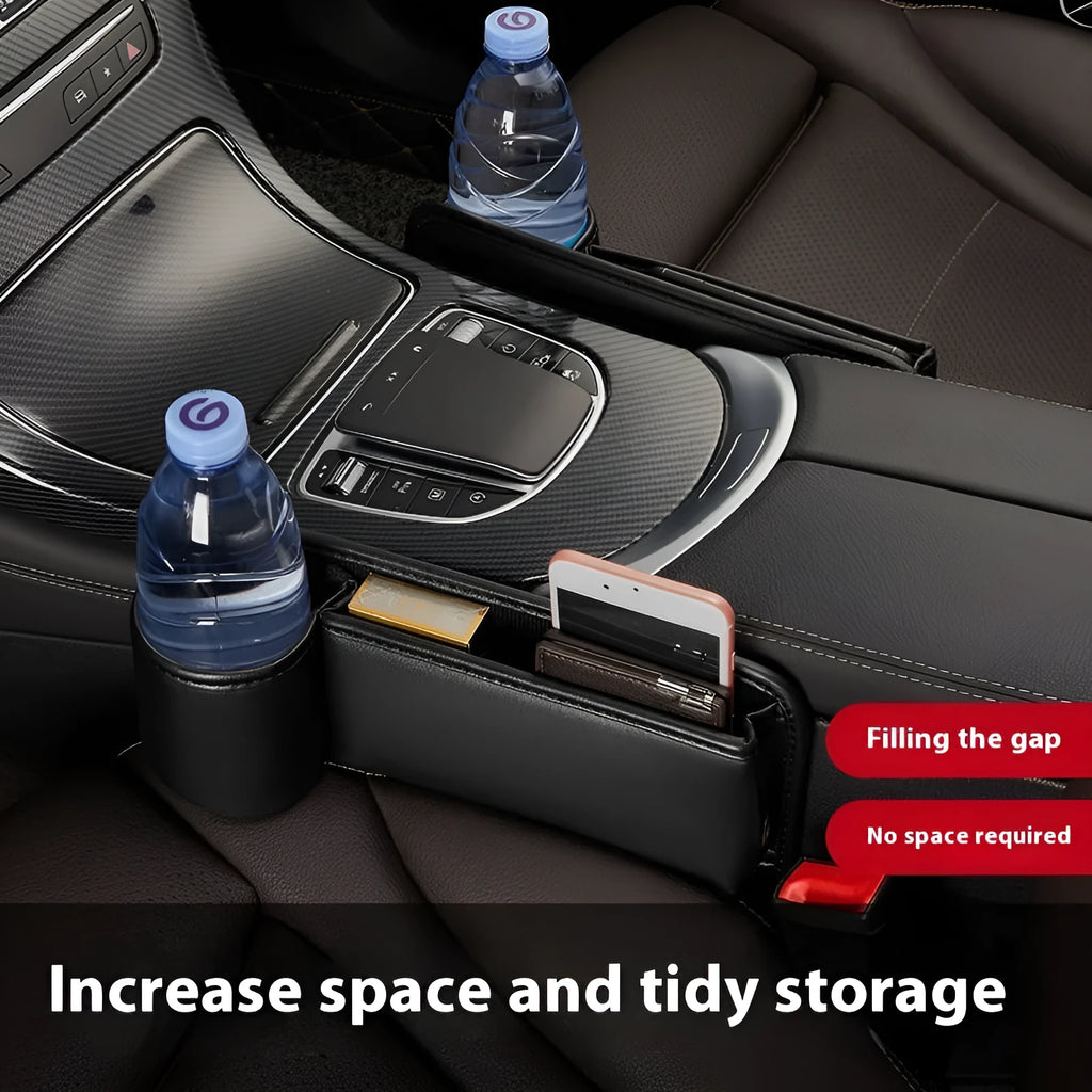 Car seat gap storage box in black leather with built-in water cup holder, fitted between driver seat and centre console