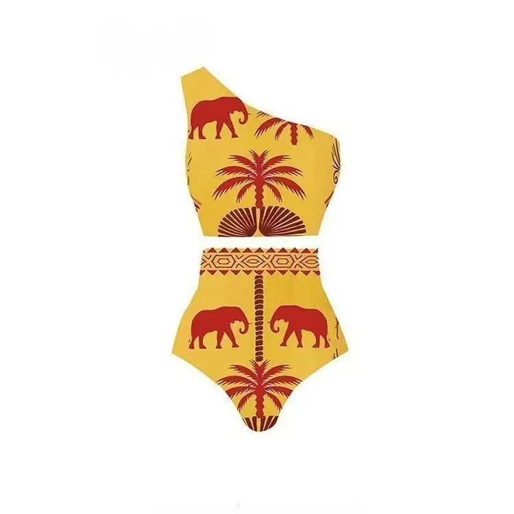 Women's black and yellow one-piece swimsuits and one-shoulder swimsuit on a mannequin.