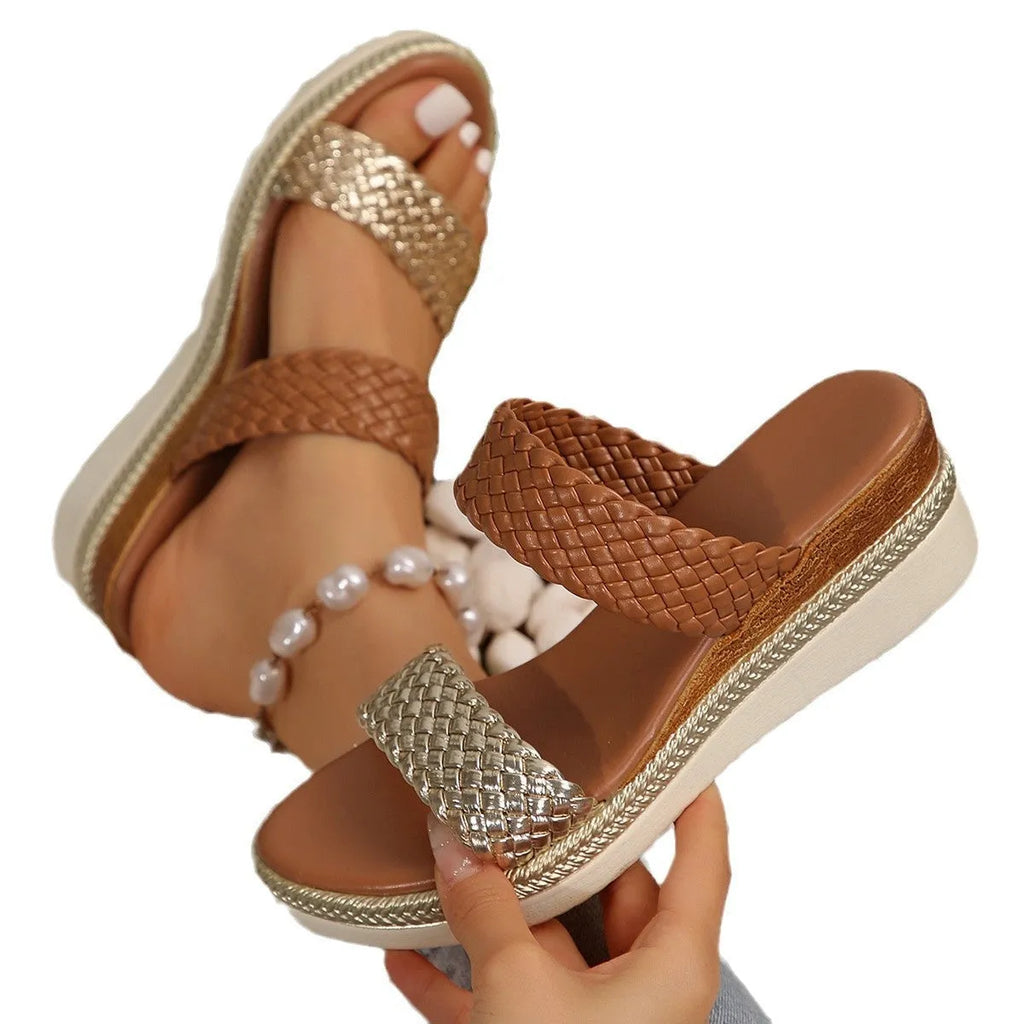 Gold women's wedge sandal with PU upper and rubber sole, shown from the side.