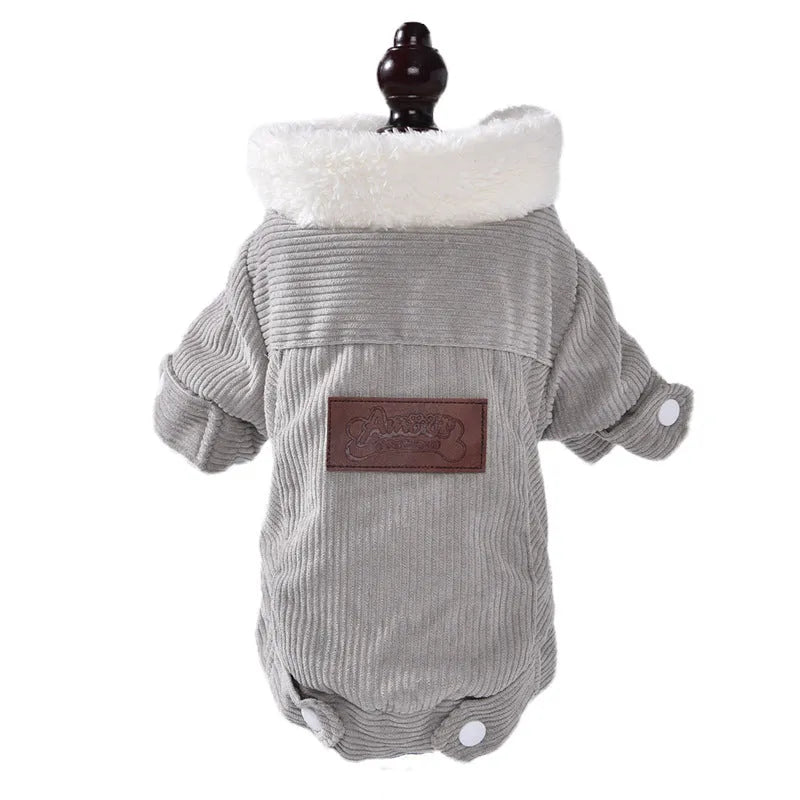 Grey lambswool fleece-lined dog vest for winter wear on a canine model