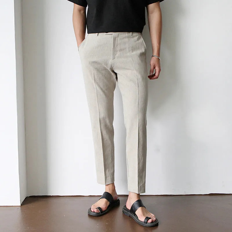 Men's cotton linen cropped straight-leg trousers in white, summer youth style with elastic waist