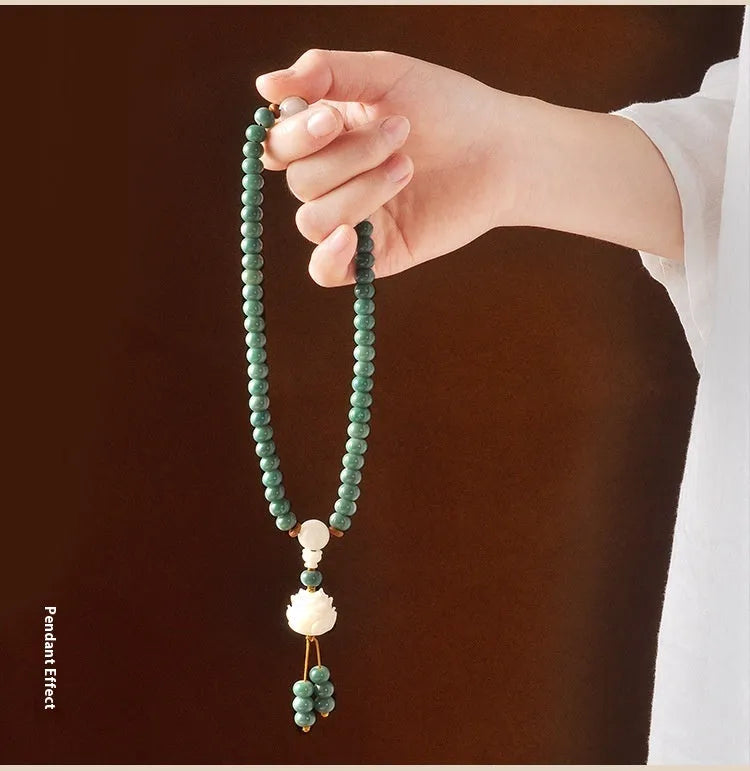 White jade bodhi seed bracelet with green sandalwood beads and double ring safety buckle