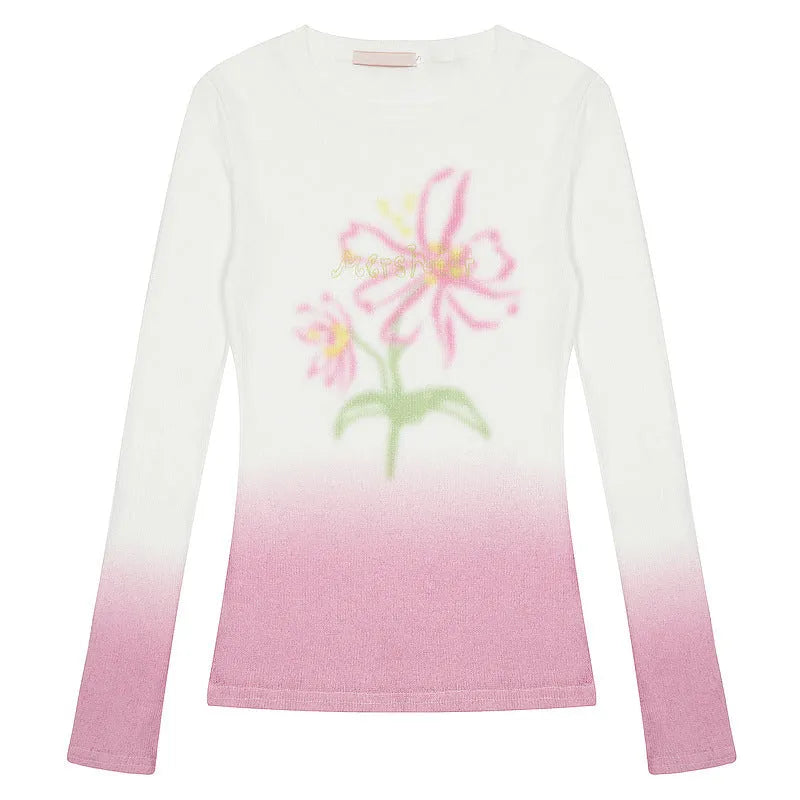 Women's light pink long sleeve T-shirt with a gradient flower print, made from thin polyester.