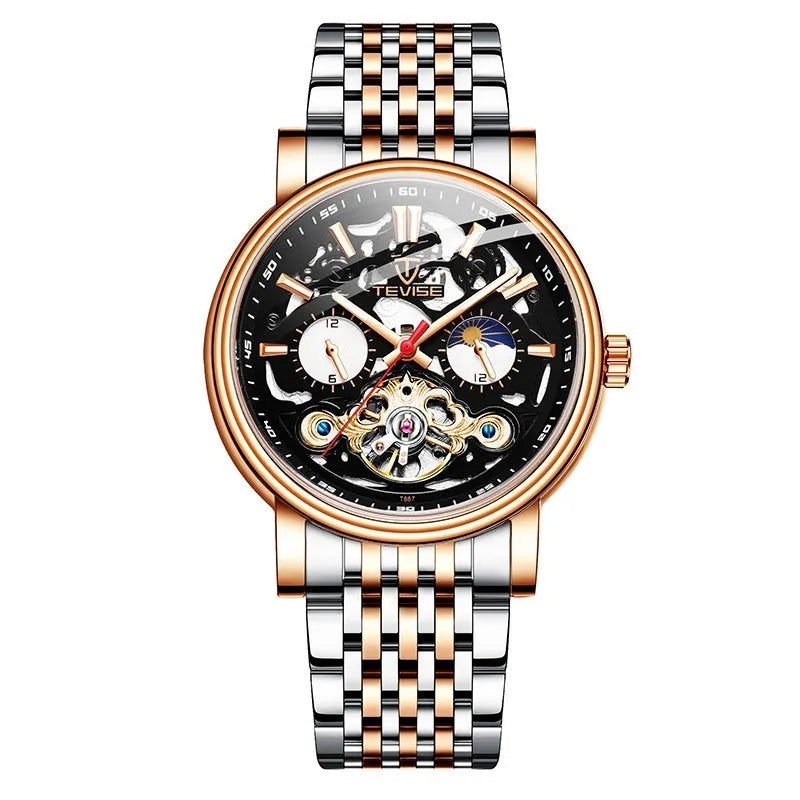 Men's waterproof mechanical watch with luminous tourbillon design in black colour option