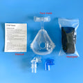 Transparent CPAP breathing mask with silicone cushion, headgear, and adapter elbows