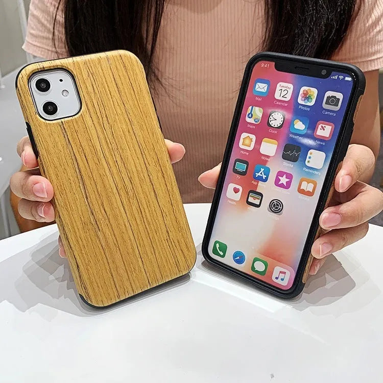 A simple wooden back cover case for an iPhone, shown in a rosewood finish.