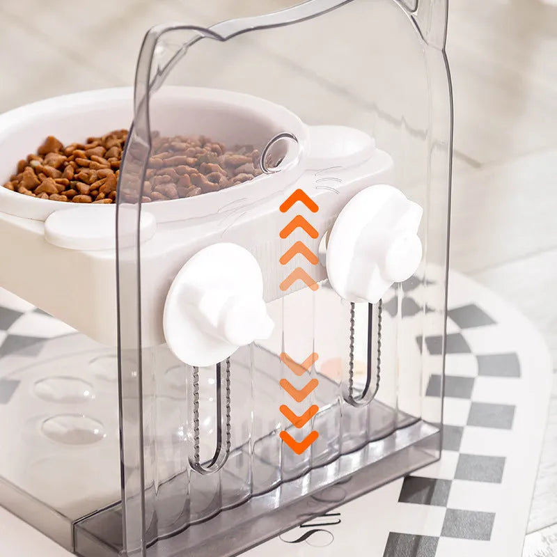 Grey cat feeding bowl with anti-spill design and removable cage, adjustable height.
