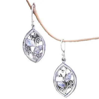 Silver colour leaf-shaped alloy earrings with embedded colourful moonstone centrepieces