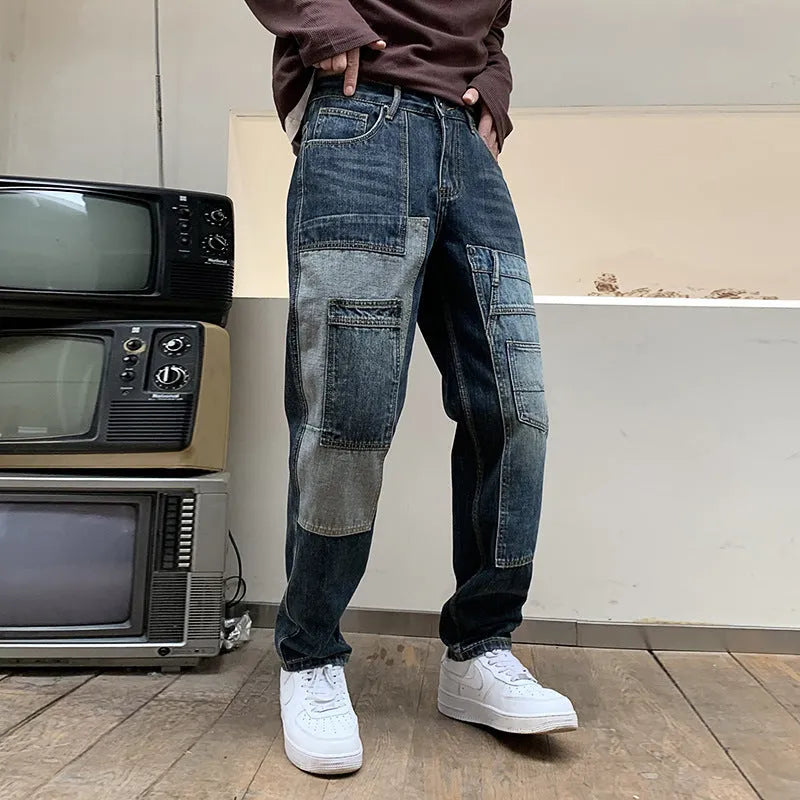 Blue loose dad jeans with multi-pockets, non-stretch cotton denim, mid-rise waist, zipper fly, long length