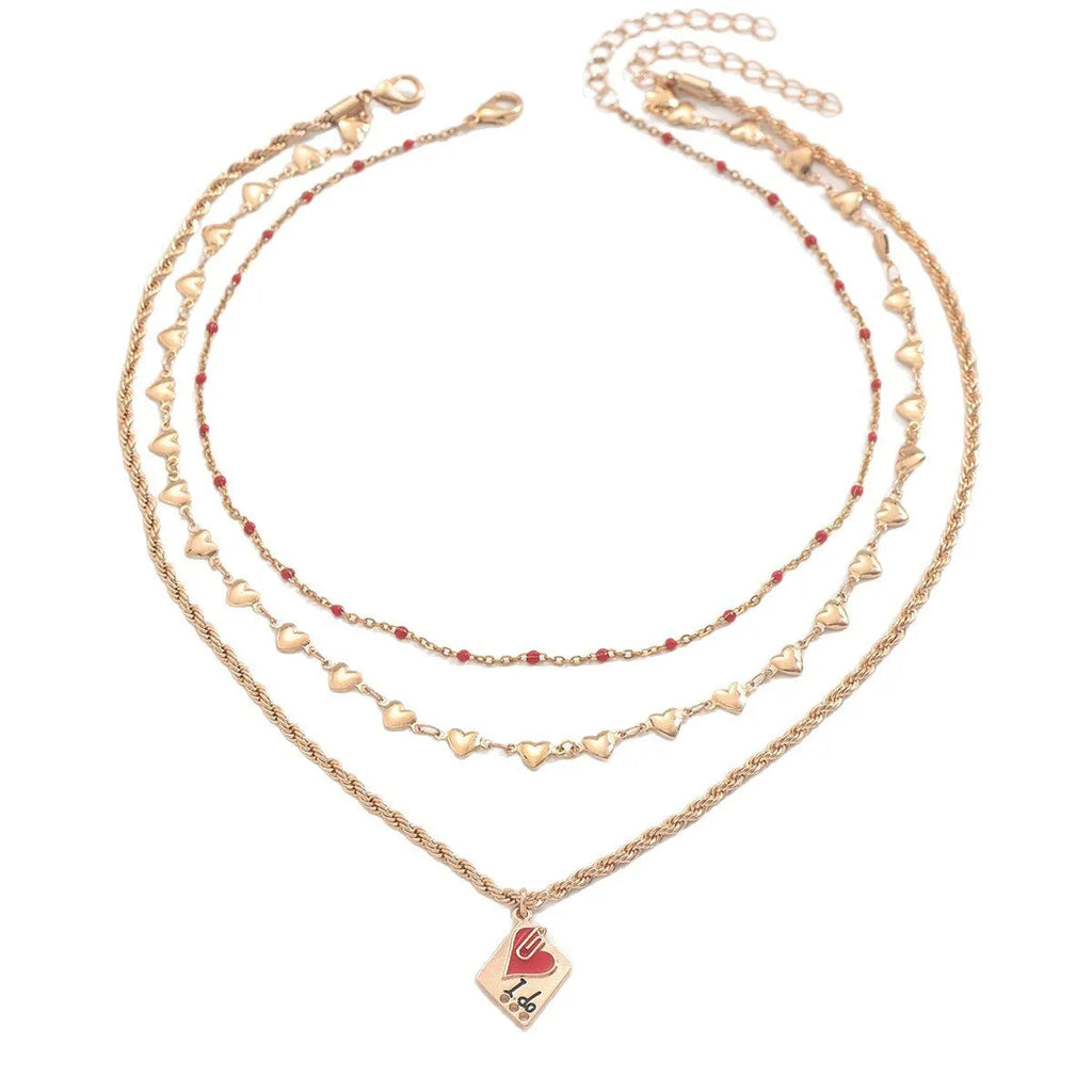Women's triple-layer geometric heart necklace on clavicle chain with adjustable 41-50cm length