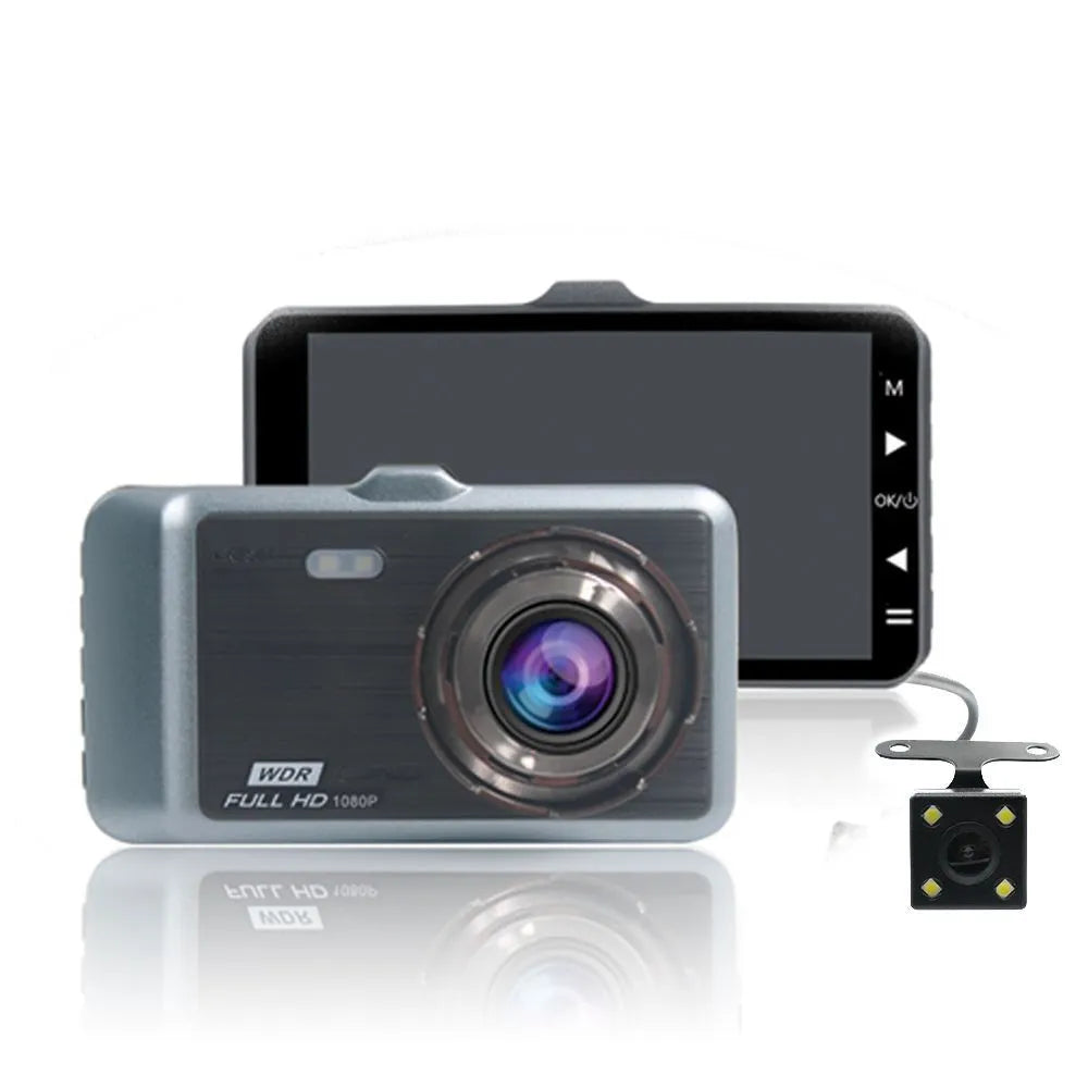 HD dual-lens driving recorder with 4 inch screen in black for windshield mount