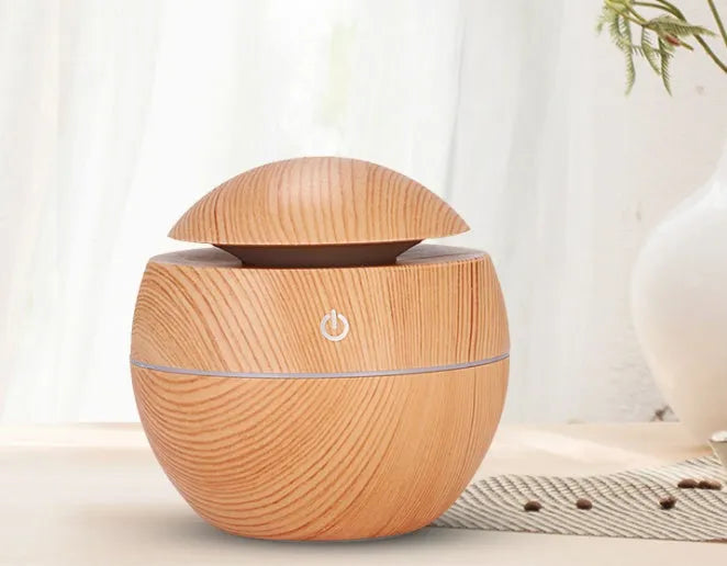 Wood grain USB aroma diffuser 100 x 100 x 95mm with 130ML tank, DC 5V power, and coloured lights