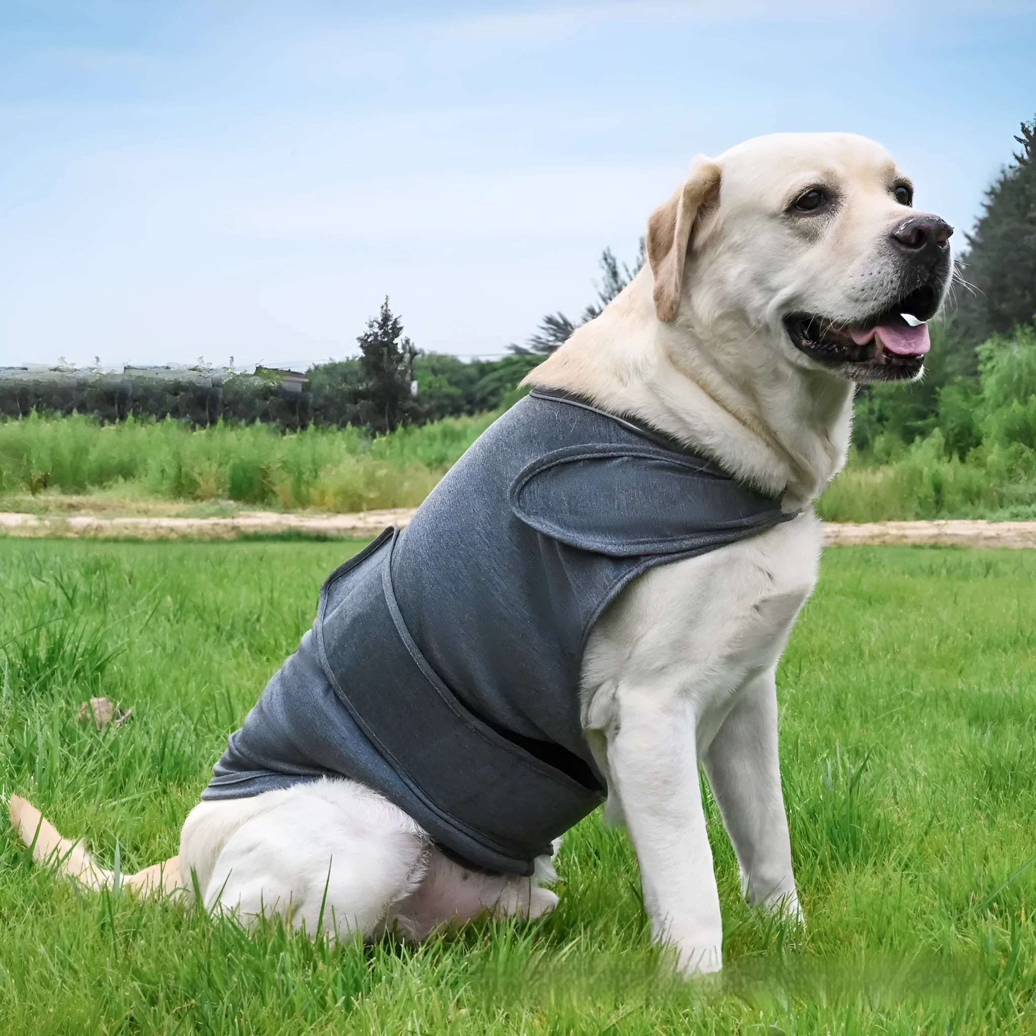 Dog wearing brocade cotton anxiety relief tank top in heather gray colour
