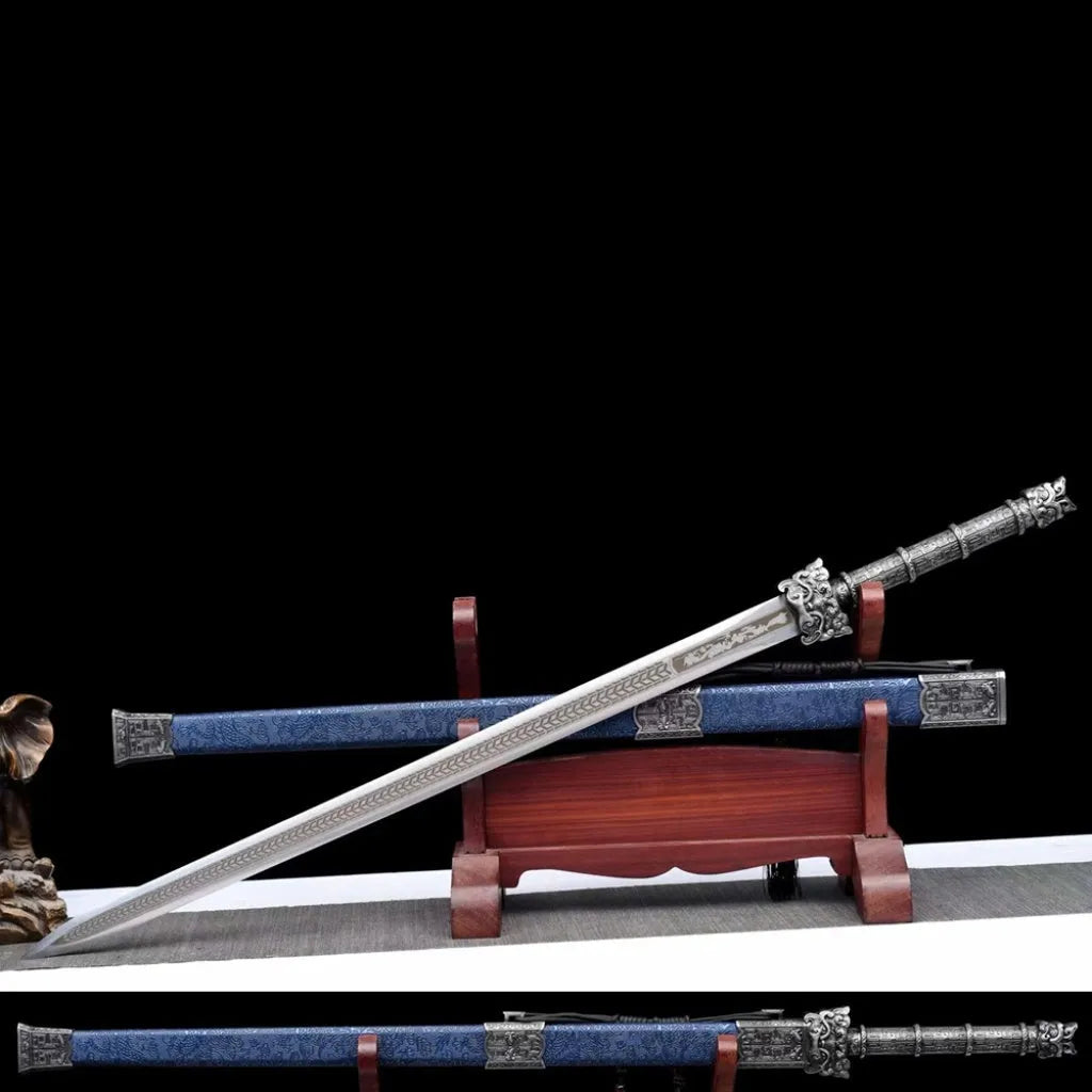 Tang-style long sword, 102cm, unsharpened manganese steel blade, solid wood leather scabbard, alloy fittings, 1.6kg