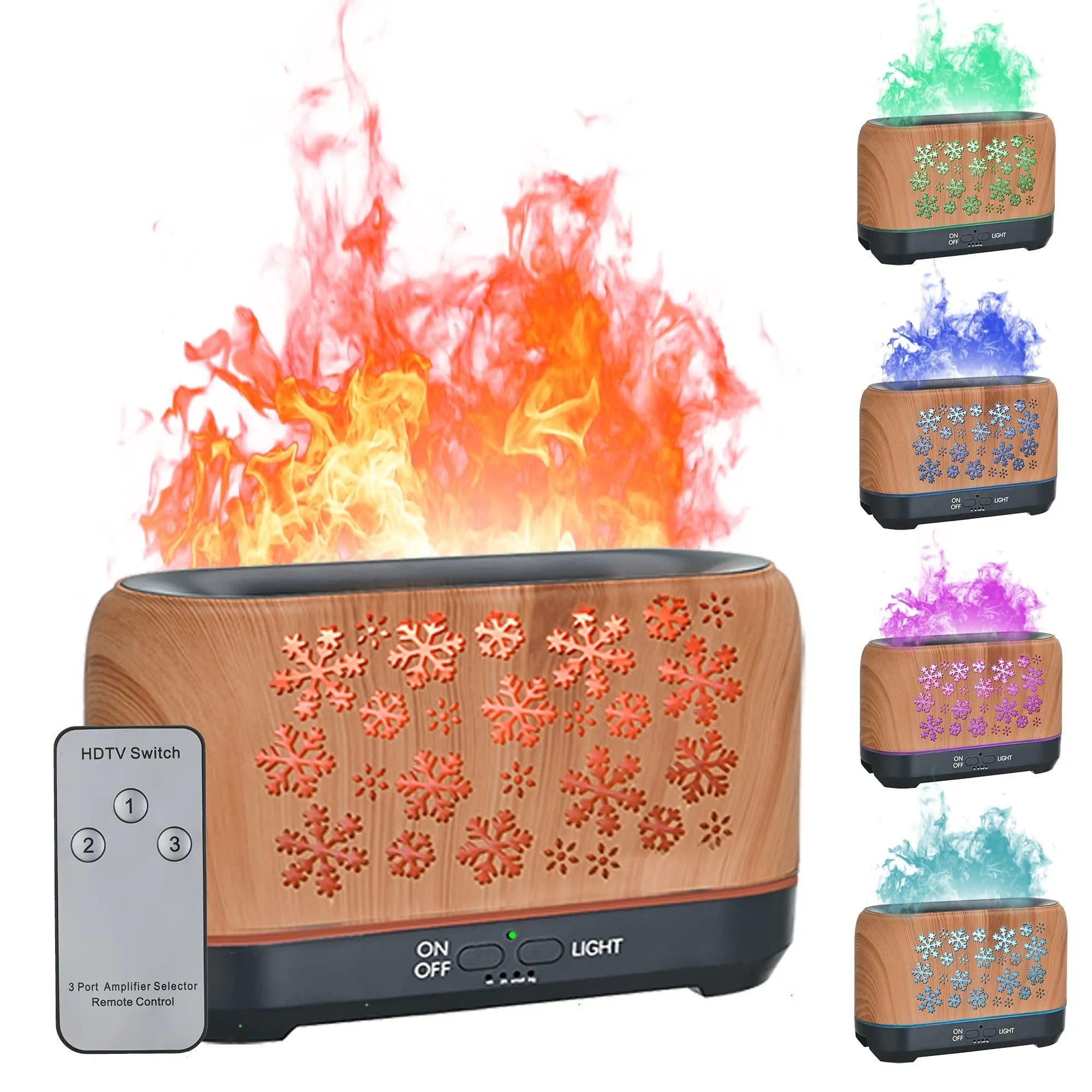 Christmas snowflake pattern humidifier with colourful flame effect and wood grain finish