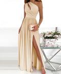 Women's one shoulder sleeveless maxi dress with high split cutout design in apricot colour