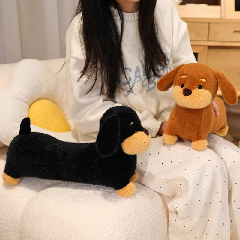 Cute plush sausage dog toy in brown European mink velvet on a light background
