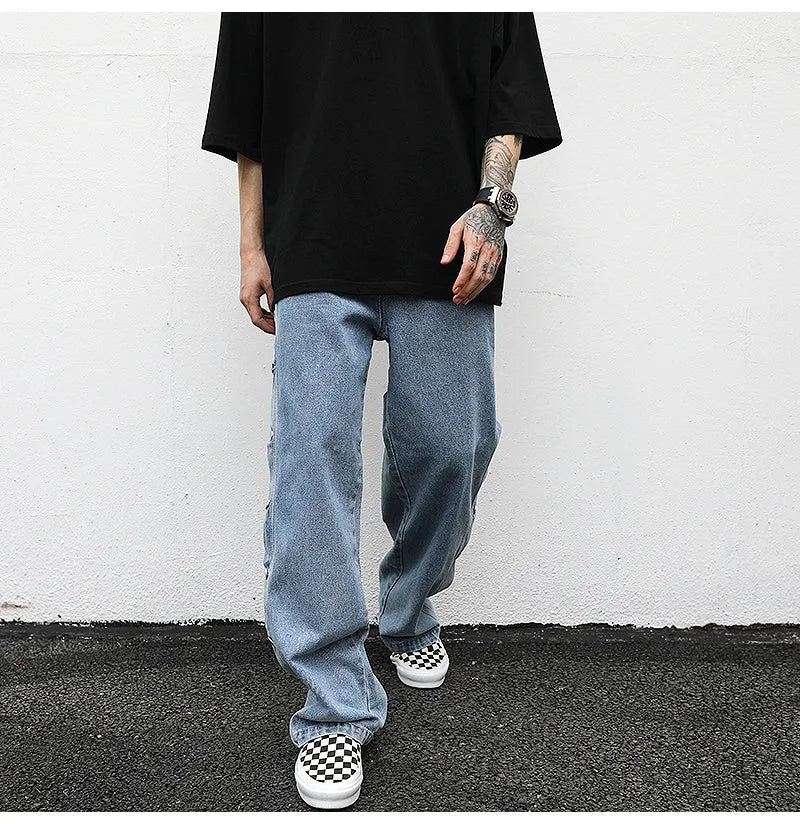 Women's straight loose jeans in black cotton with zip fly, mid-low waist, sizes M L XL