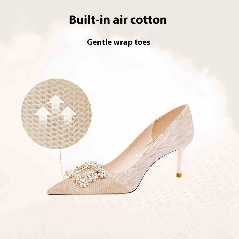 Champagne Gold pointed-toe high heel pumps with rhinestone and sequin decorations on a stiletto heel.