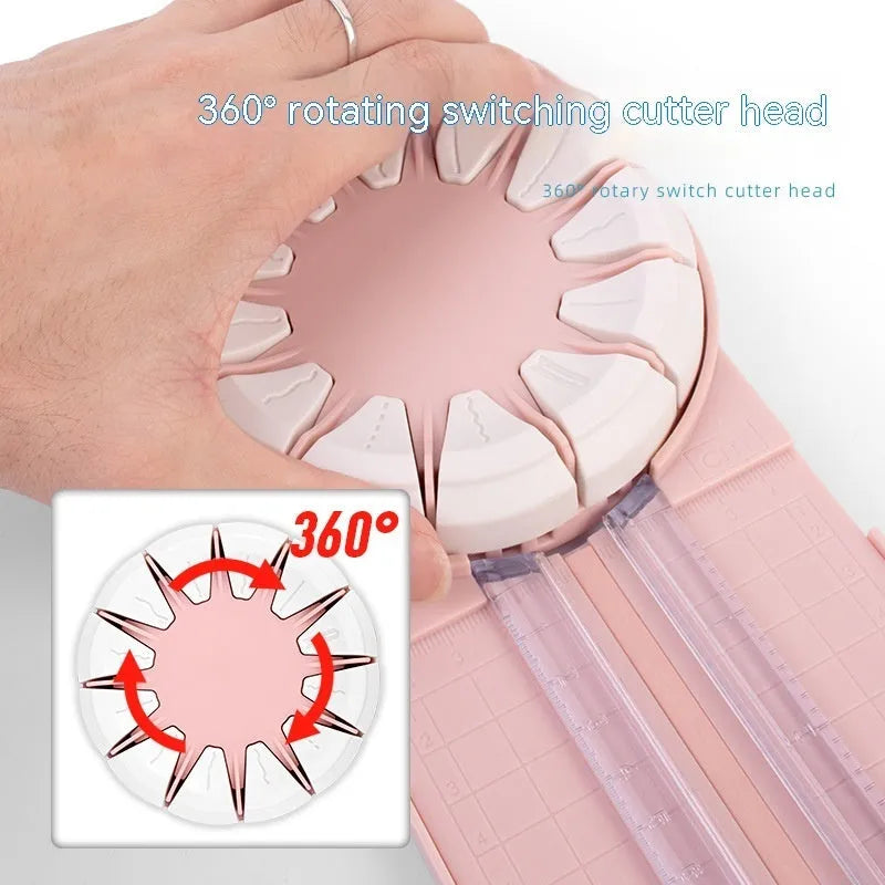 12-in-1 plastic paper cutting machine with dotted cutter measuring 46.2cm long in pink and black colour options