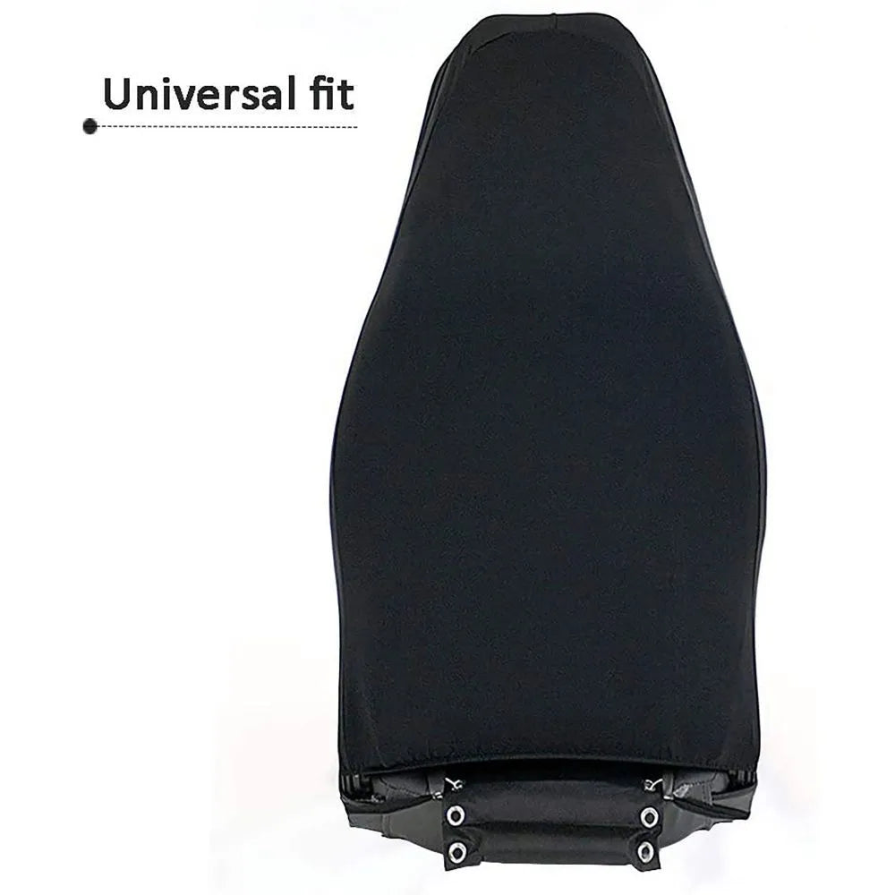 Black polyester car seat cover with elastic straps, foam padding, and rear pocket installed on a car seat